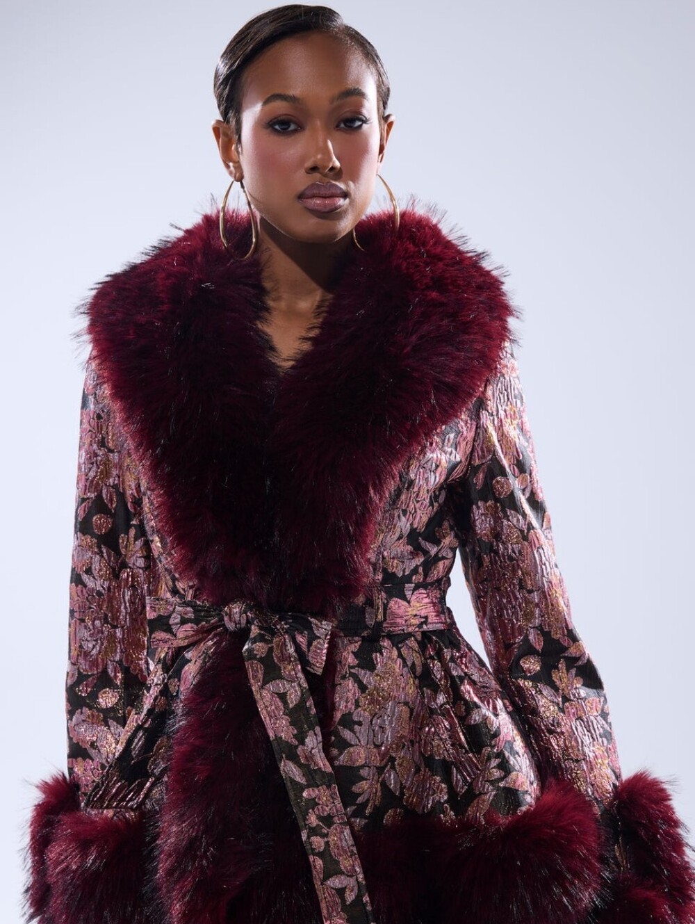 AKIRA Burgundy and Pink Metallic Floral Brocade Coat with Faux Fur Trim
